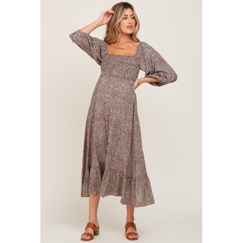 Black Ditsy Floral Smocked 3/4 Sleeve Maternity Midi Dress