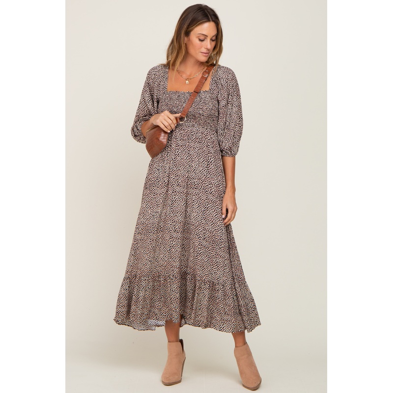 Black Ditsy Floral Smocked 3/4 Sleeve Midi Dress