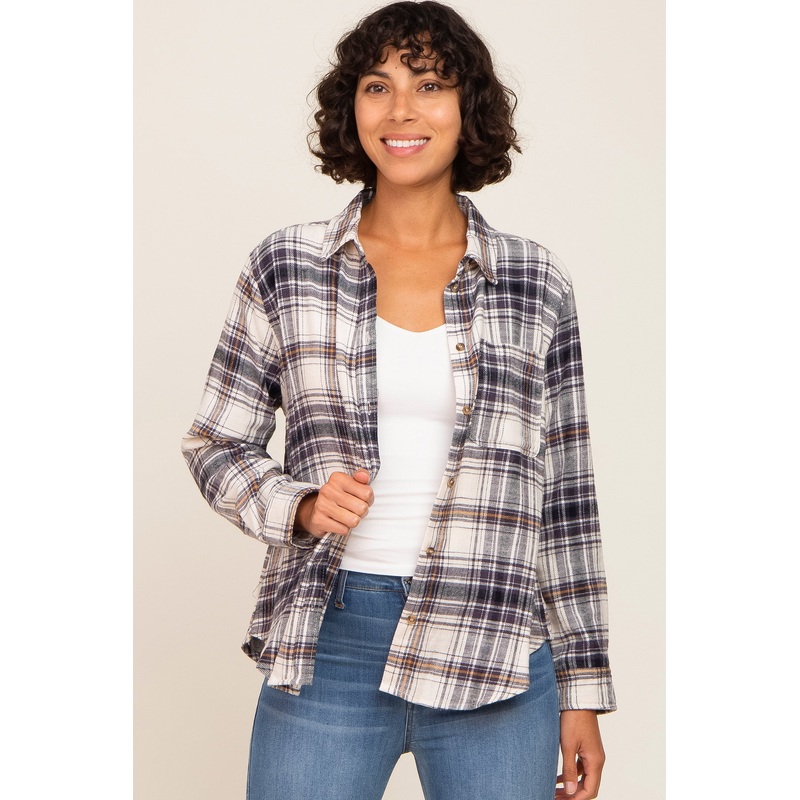 Black Plaid Button Up Flannel Top