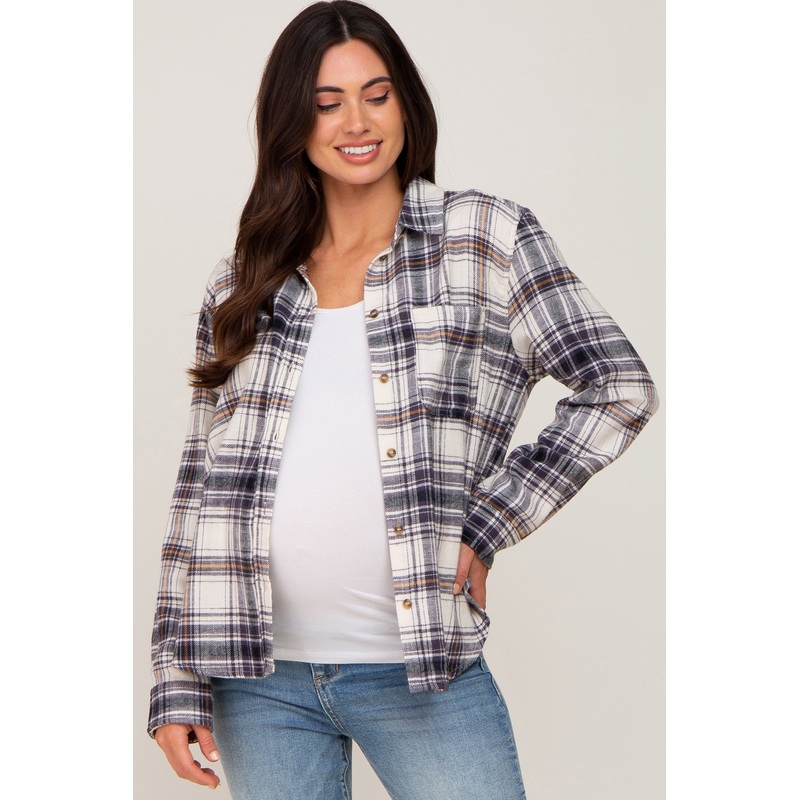 Black Plaid Button Up Maternity Flannel Top
