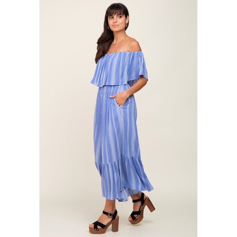 Blue Striped Off Shoulder Jumpsuit