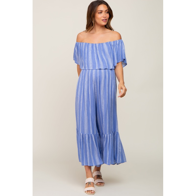 Blue Striped Off Shoulder Maternity Jumpsuit