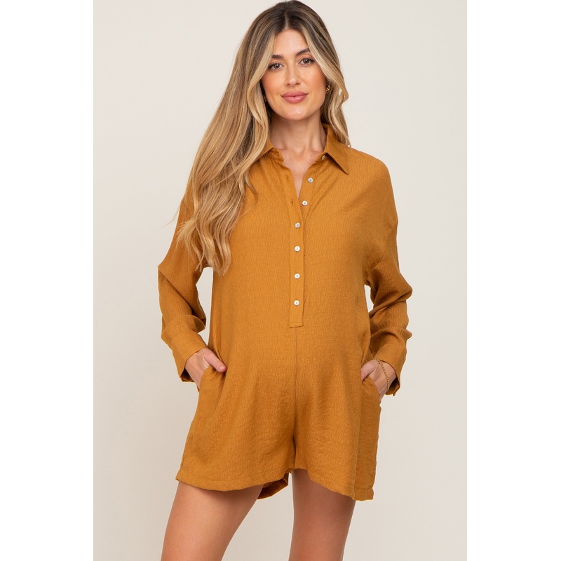 Camel Collared Button Front Maternity Romper