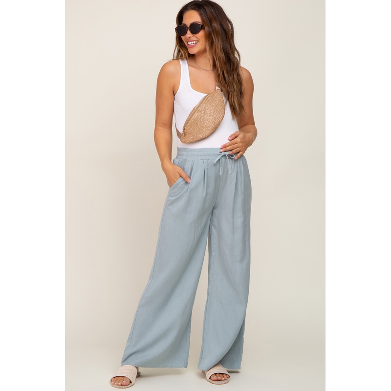 Light Blue Drawstring Wide Leg Maternity Pants