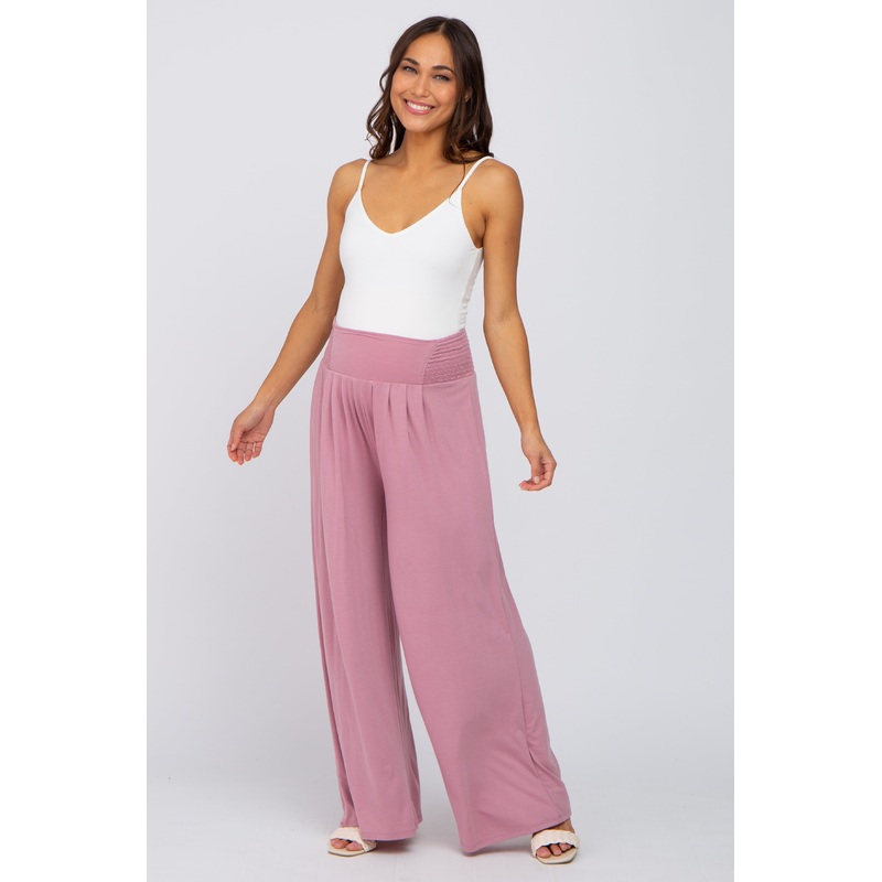Mauve Smocked Wide Leg Maternity Pants