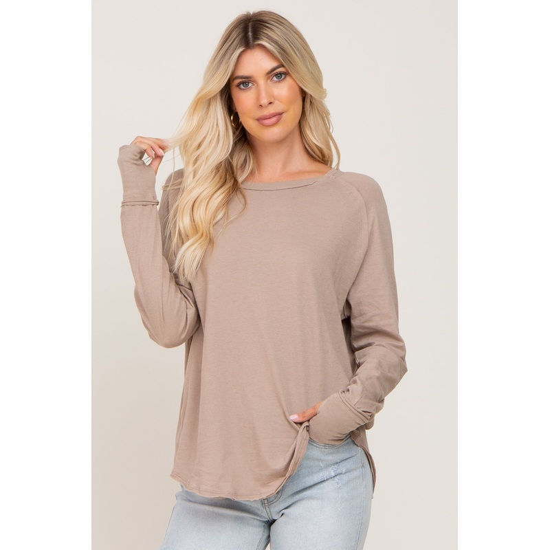 Taupe Distressed Seam Long Sleeve Top