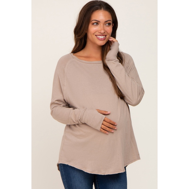 Taupe Distressed Seam Maternity Long Sleeve Top