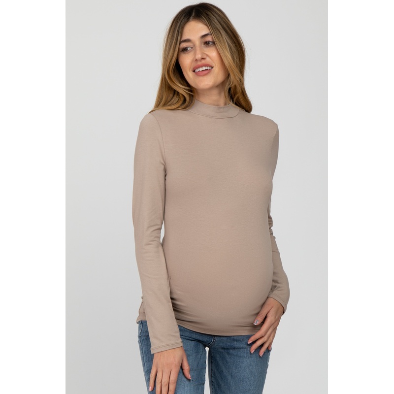 Taupe Fitted Mock Neck Long Sleeve Maternity Top