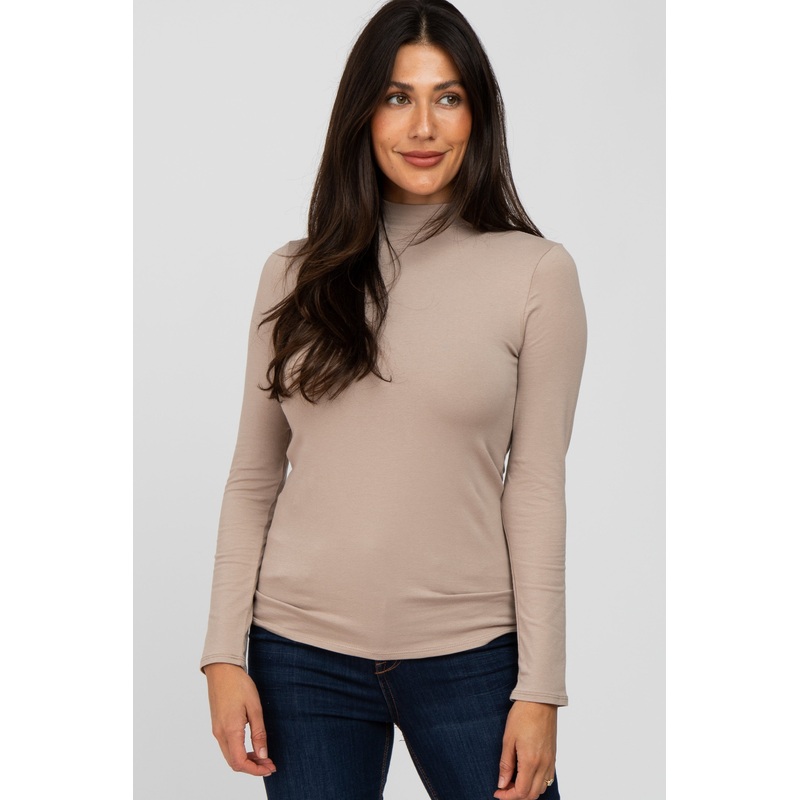 Taupe Fitted Mock Neck Long Sleeve Top