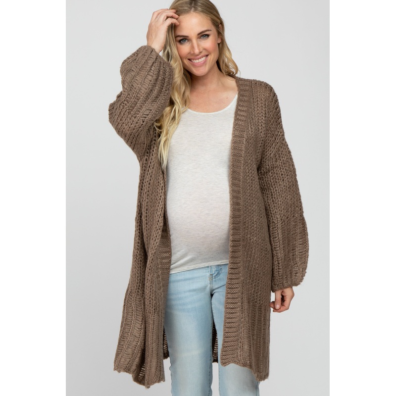 Taupe Open Knit Maternity Cardigan Sweater