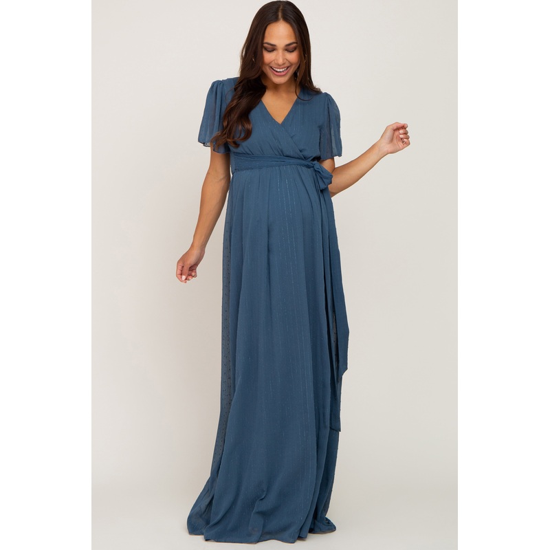 Teal Swiss Dot Chiffon Maternity Maxi Dress