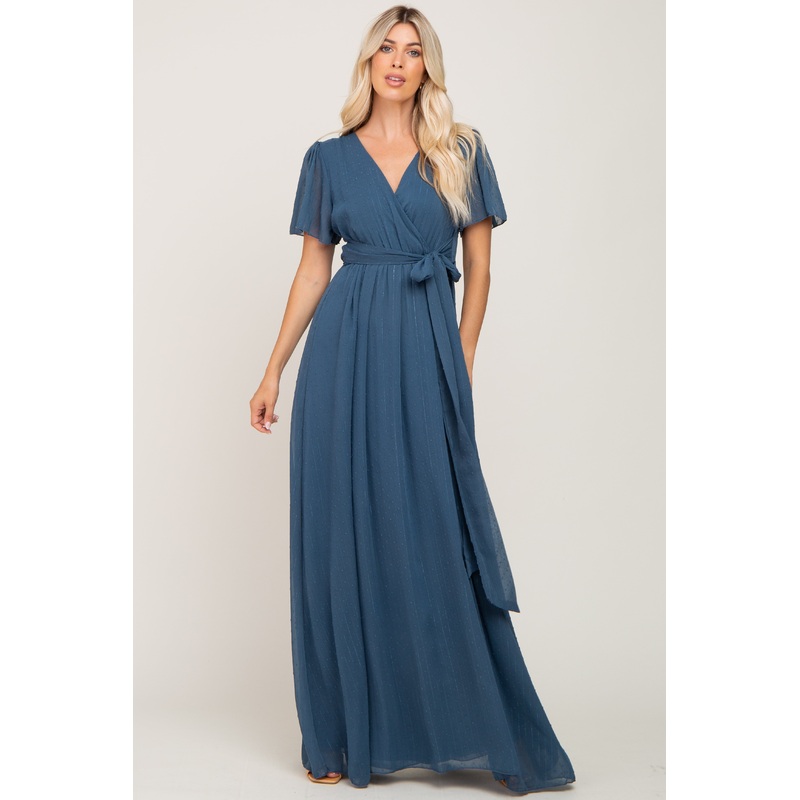 Teal Swiss Dot Chiffon Maxi Dress