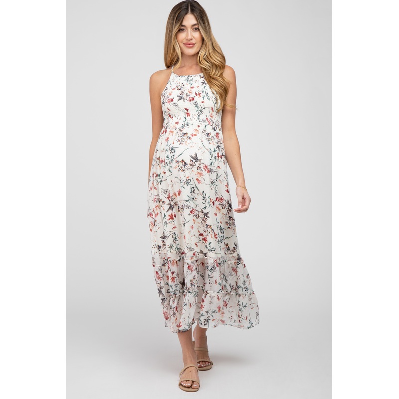 White Floral Chiffon Smocked Maternity Midi Dress