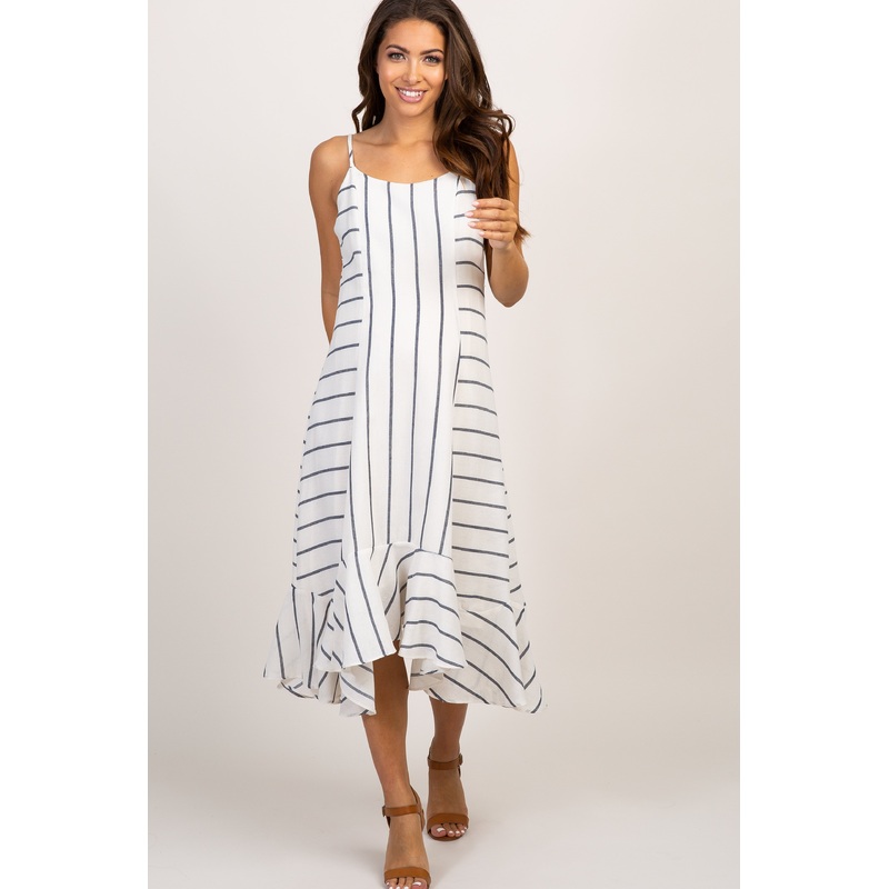 White Striped Cami Straps Ruffle Trim Maternity Dress