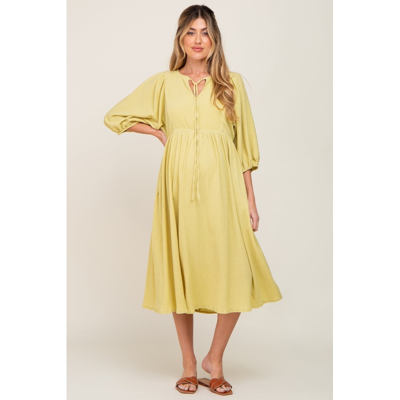 Yellow Front Tie Keyhole 3/4 Sleeve Maternity Midi Dress