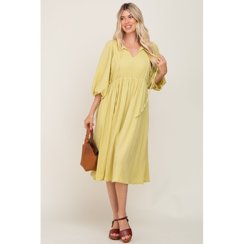 Yellow Front Tie Keyhole 3/4 Sleeve Midi Dress