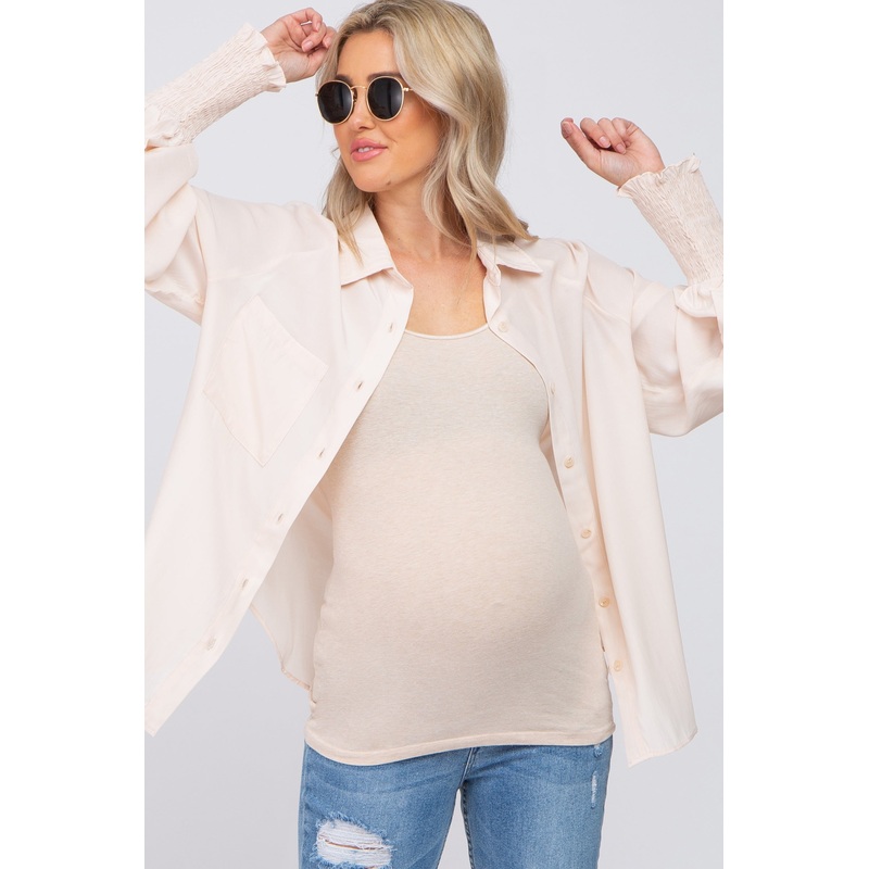 Beige Button Up Smocked Sleeve Maternity Top