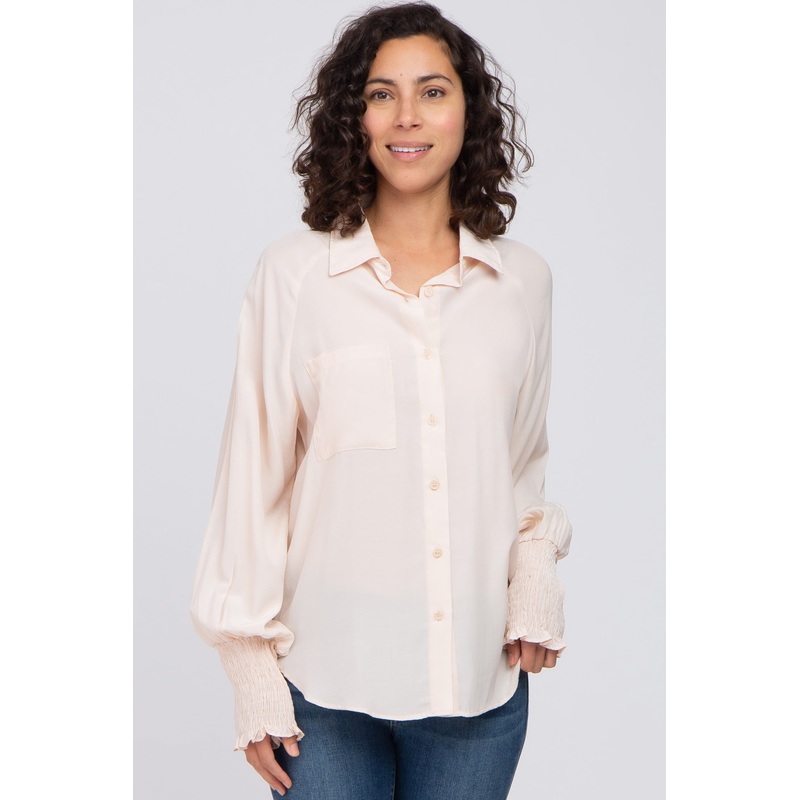 Beige Button Up Smocked Sleeve Top