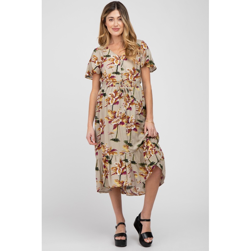 Beige Floral Button Maternity Midi Dress