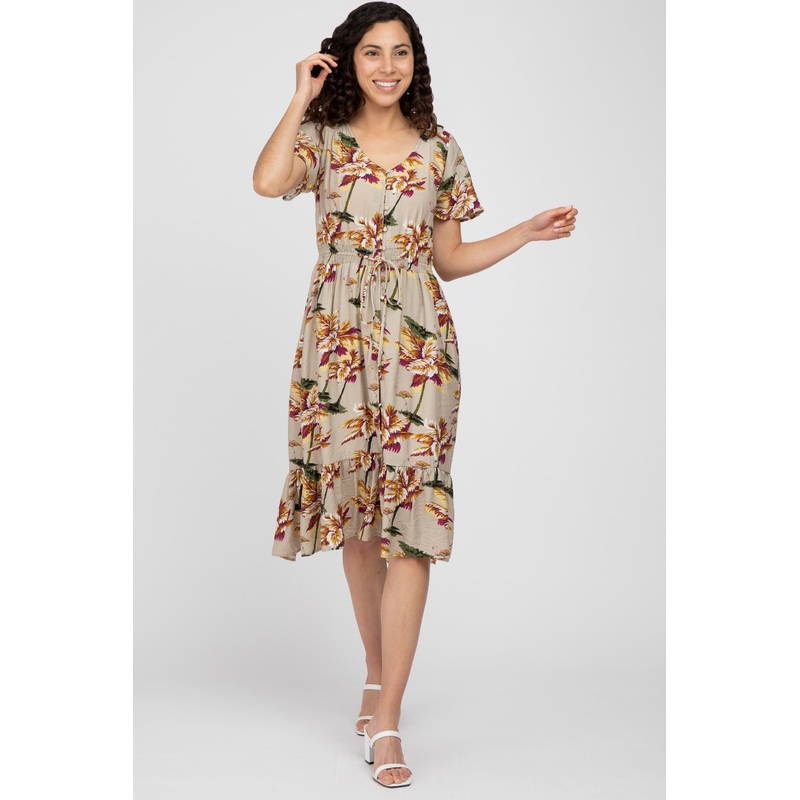 Beige Floral Button Midi Dress
