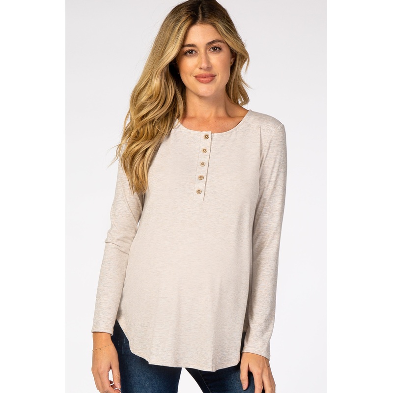 Beige Front Button Long Sleeve Maternity Top