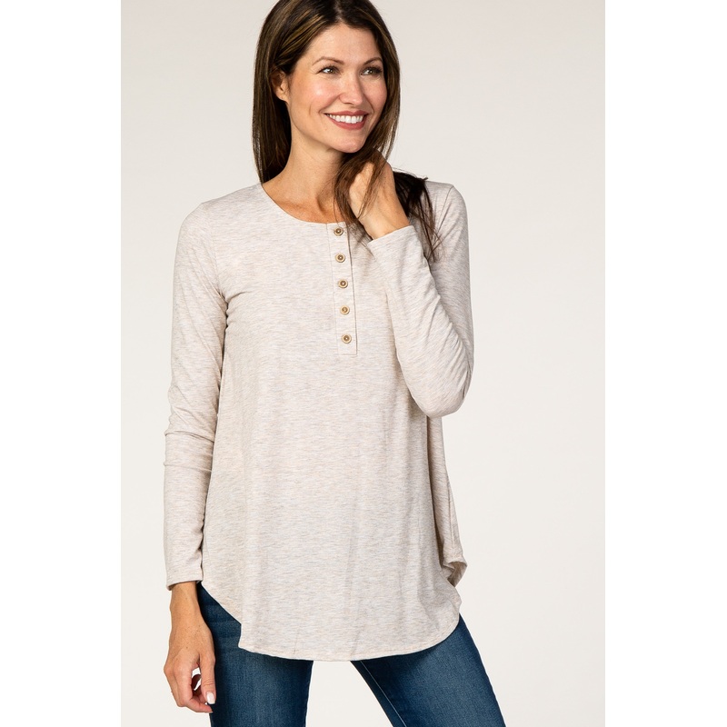 Beige Front Button Long Sleeve Top