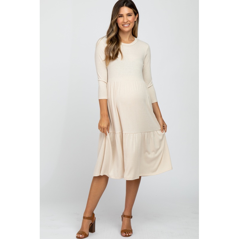 Beige Tiered Ribbed 3/4 Sleeve Maternity Midi Dress