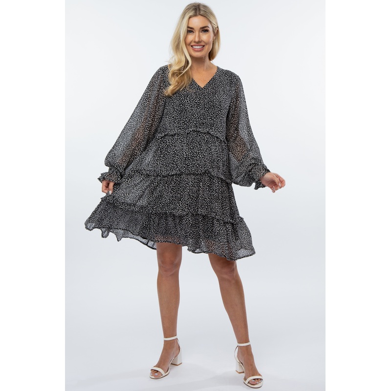 Black Animal Print Tiered Ruffle Accent Maternity Dress