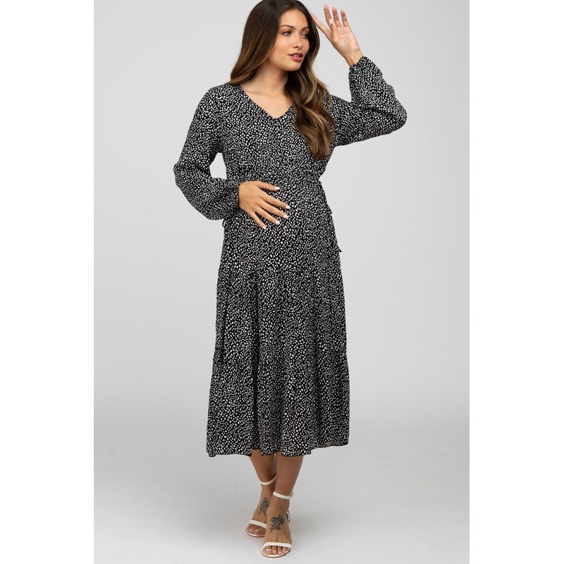 Black Dot Print Tiered Maternity Midi Dress
