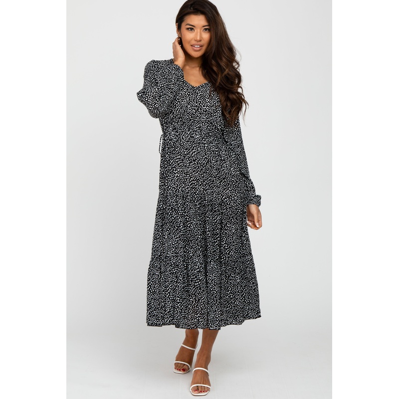 Black Dot Print Tiered Midi Dress