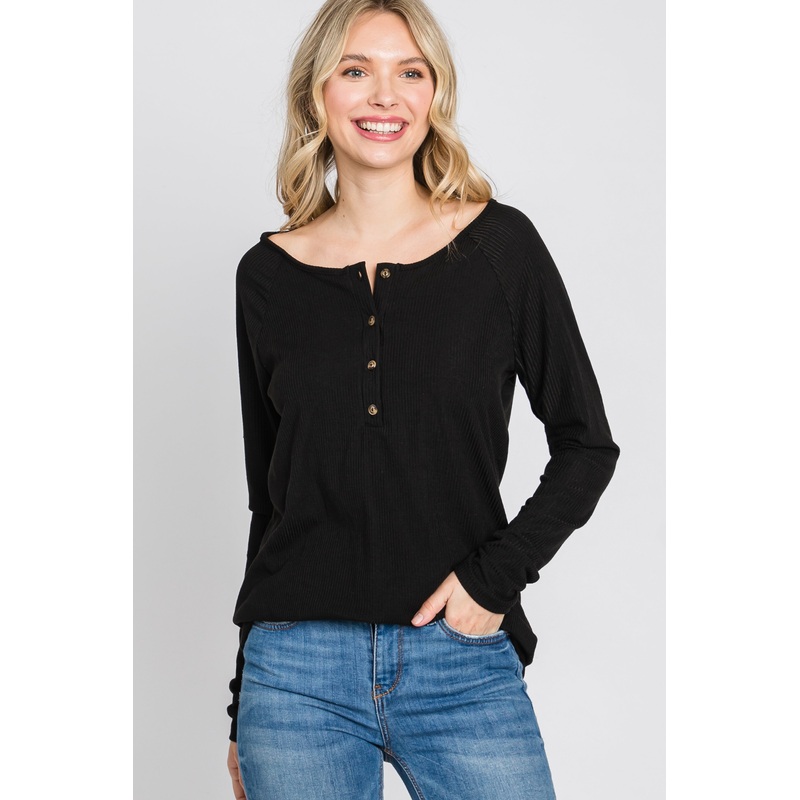 Black Ribbed Button Front Top