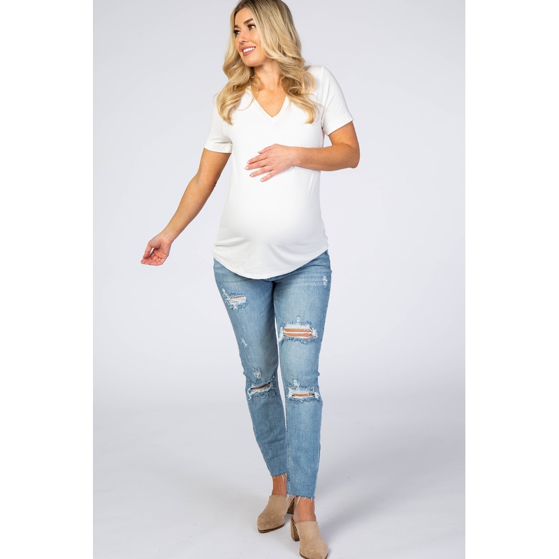 Medium Wash Distressed Cropped Maternity Jeans