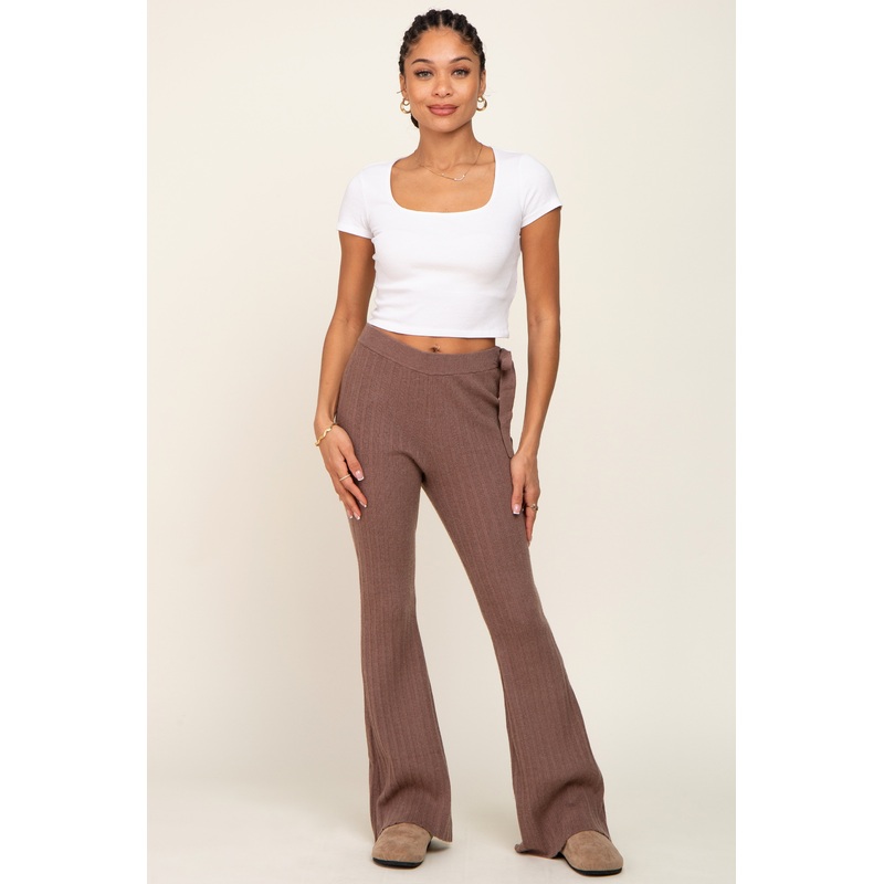 Mocha Side Tie Flare Knit Pants