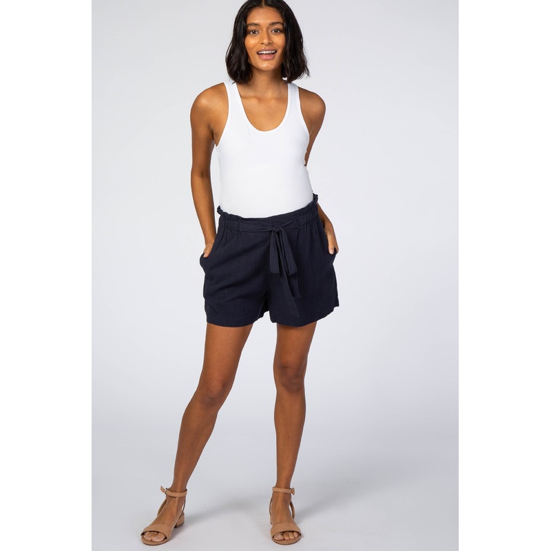 Navy Blue Tie Front Linen Maternity Shorts