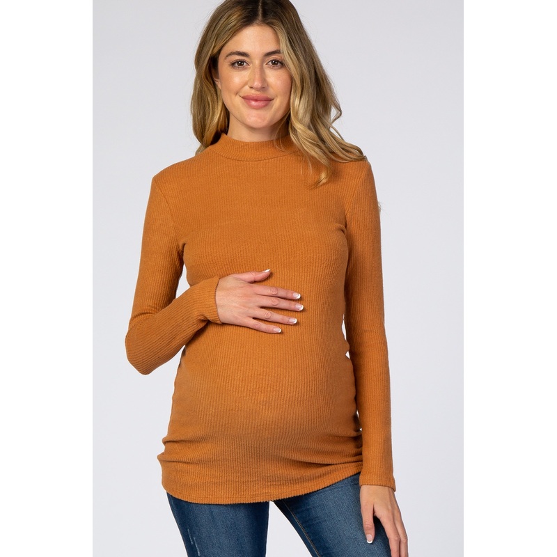 Rust Ribbed Long Sleeve Mock Neck Maternity Top