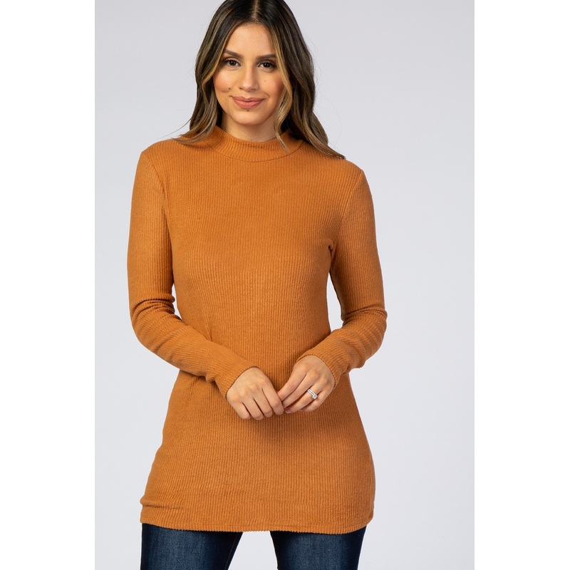 Rust Ribbed Long Sleeve Mock Neck Top