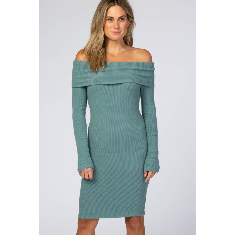 Teal Soft Ribbed Folded Neck Off Shoulder Dress