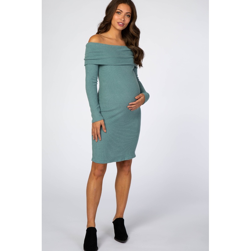 Teal Soft Ribbed Folded Neck Off Shoulder Maternity Dress