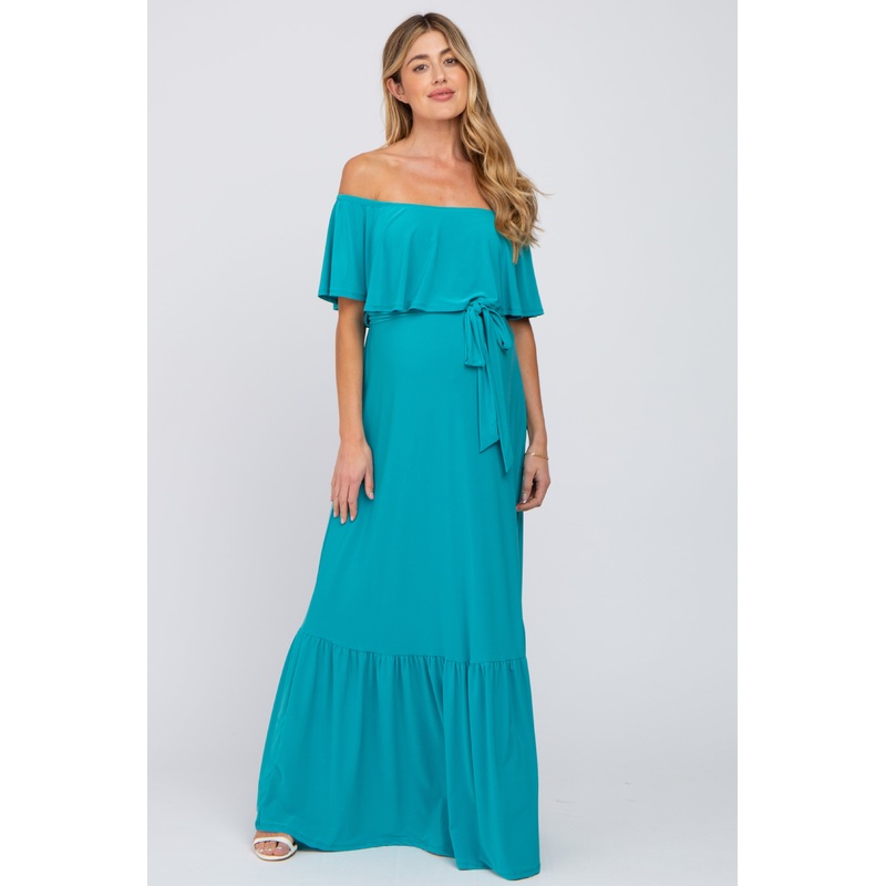 Turquoise Off Shoulder Maternity Maxi Dress