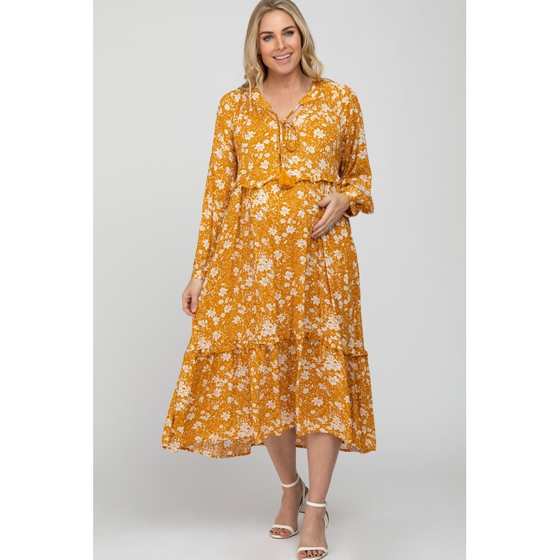 Yellow Floral Tassel Front Tie Ruffle Hem Maternity Midi Dress