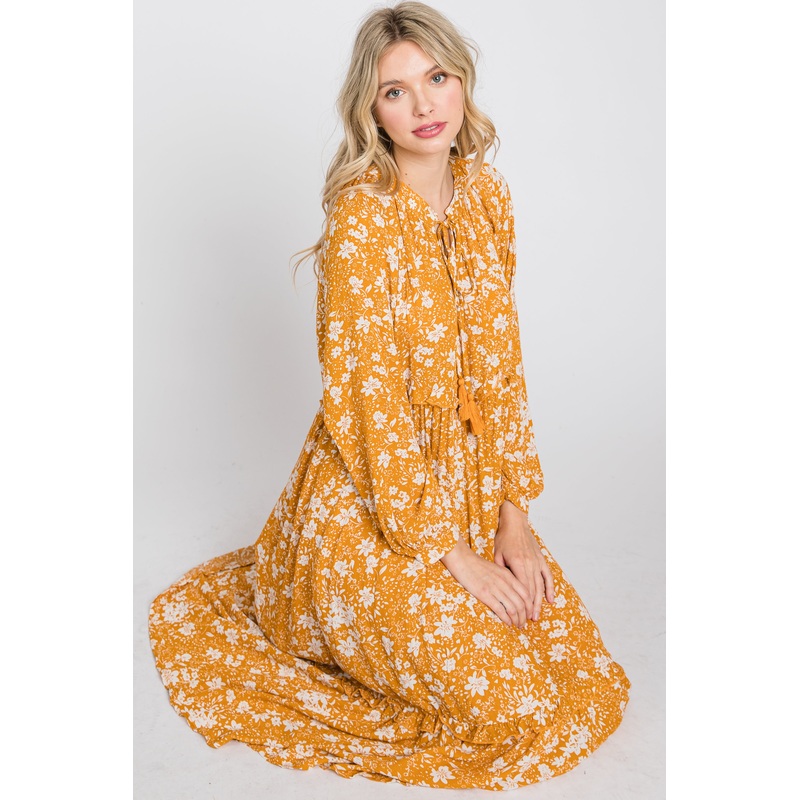 Yellow Floral Tassel Front Tie Ruffle Hem Midi Dress