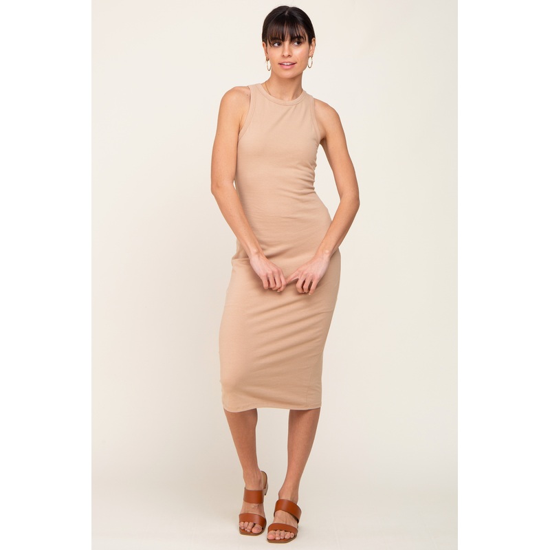 Beige Fitted Racerback Midi Dress