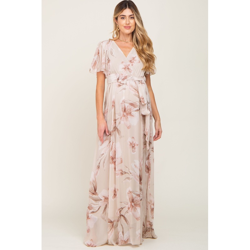 Beige Floral Chiffon Wrap Front Short Sleeve Maternity Maxi Dress