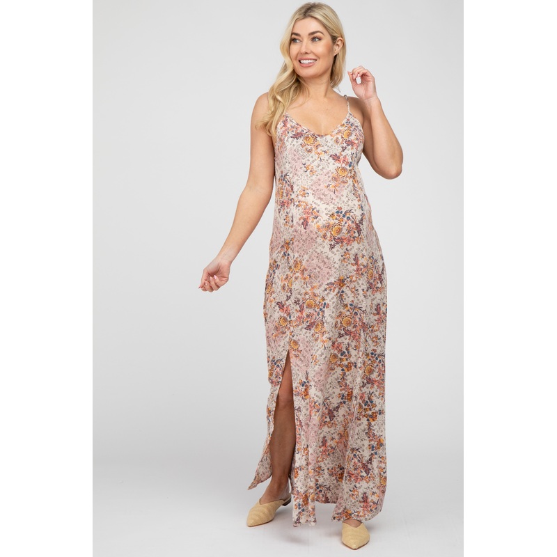 Beige Floral Paisely Side Slit Maternity Maxi Dress