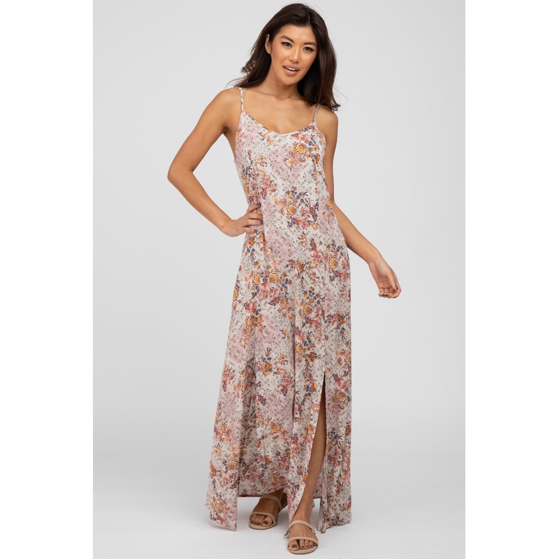 Beige Floral Paisely Side Slit Maxi Dress