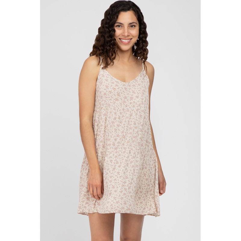 Beige Floral Tiered V-Neck Dress