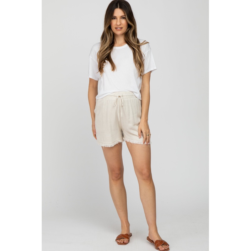 Beige Fringe Hem Maternity Shorts