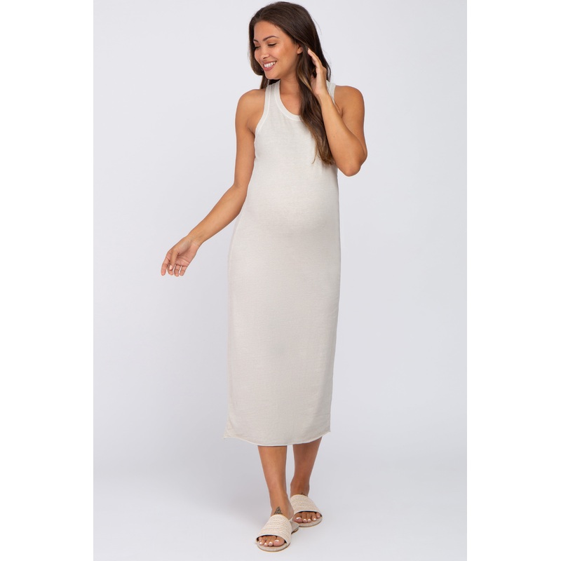 Beige Sleeveless Basic Maternity Midi Dress