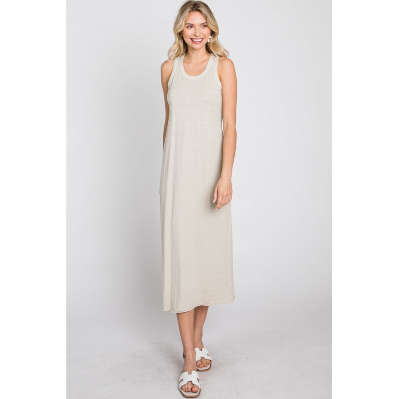 Beige Sleeveless Basic Midi Dress