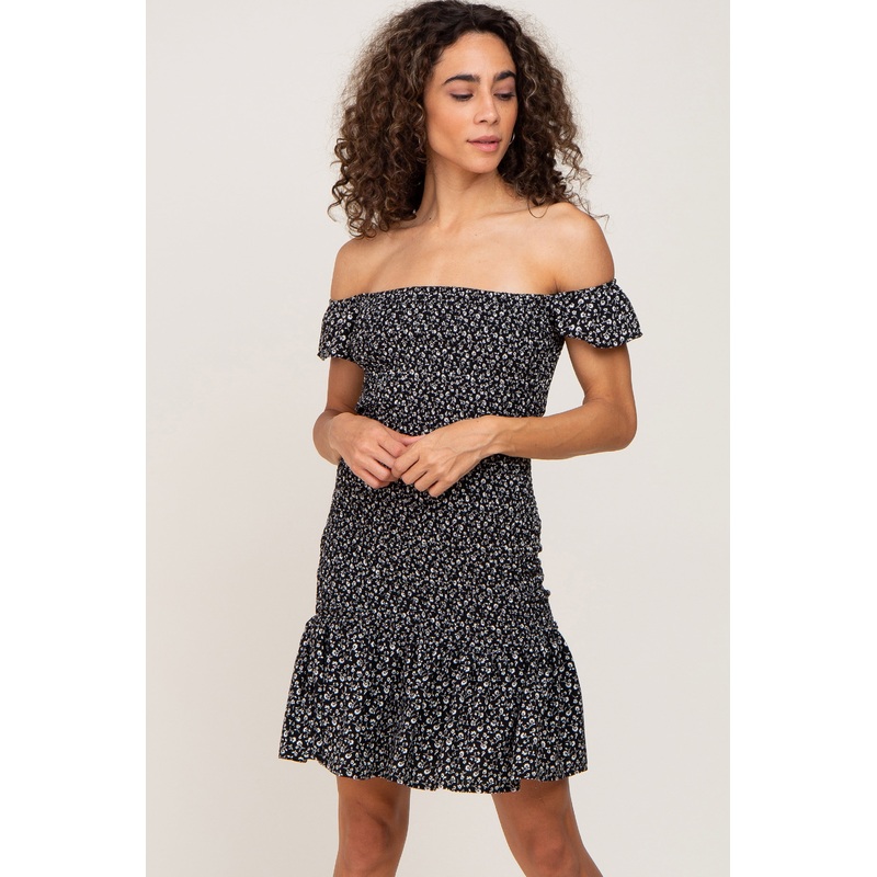 Black Ditsy Floral Smocked Mini Dress